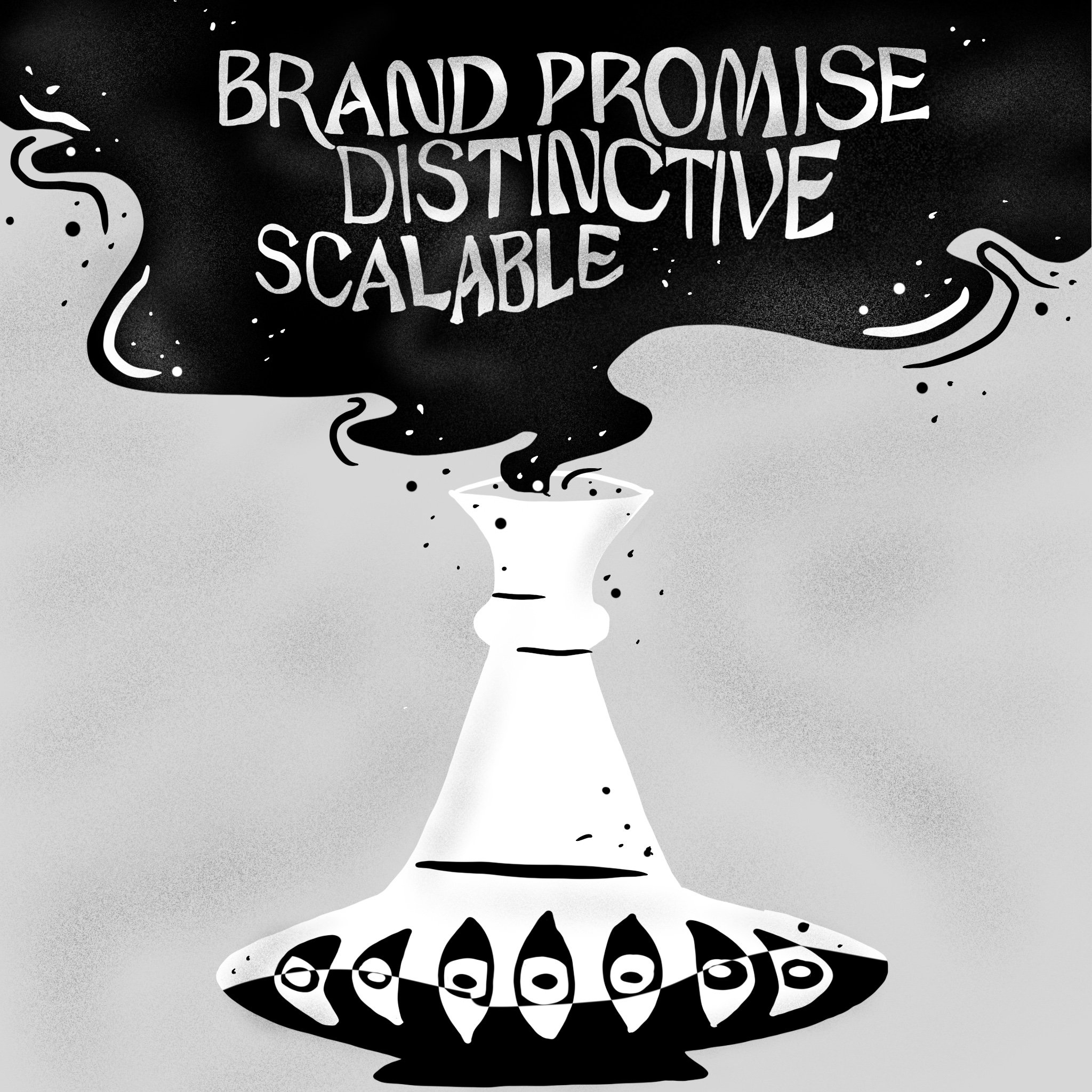 Illustration of a genie bottle with words "Brand Promise, Scalable & Distinctiv