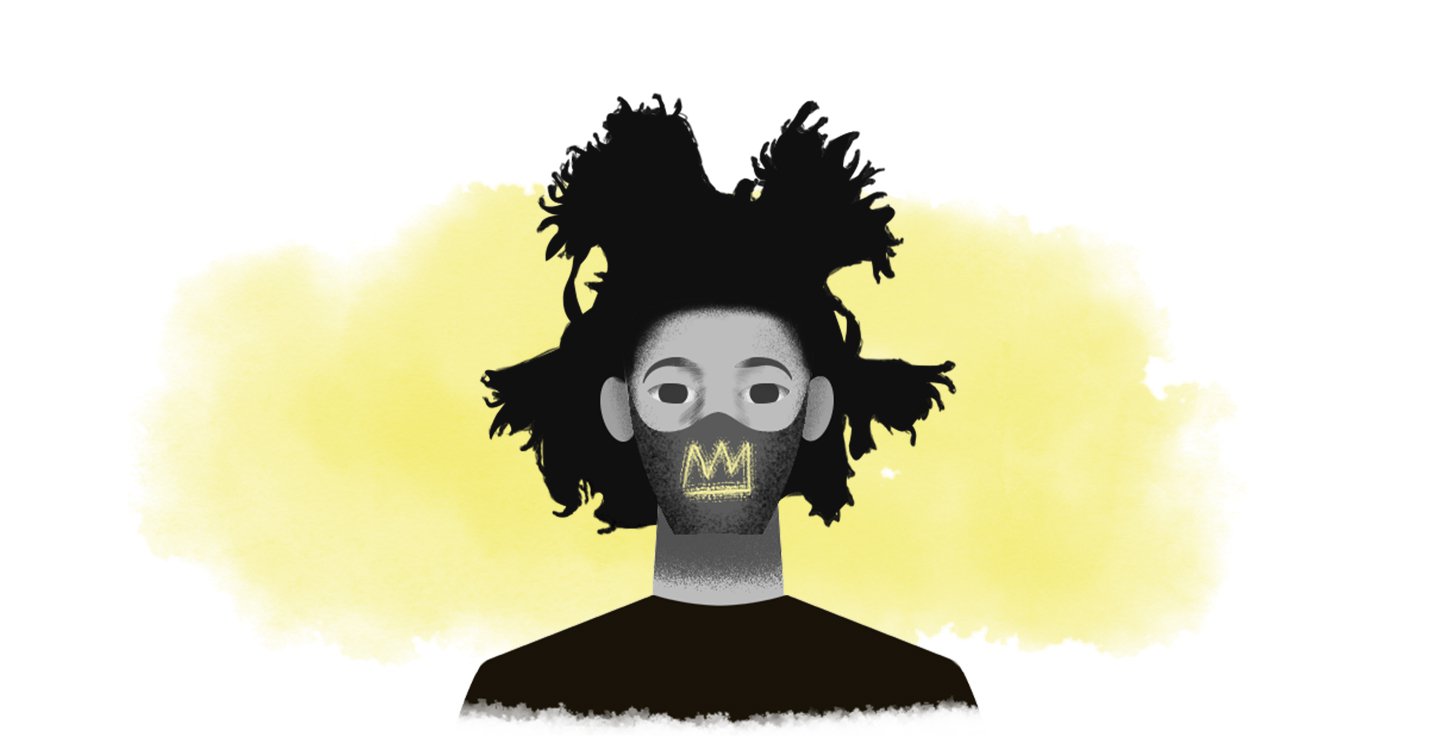 Illustration of Jean-Michel Basquiat wearing a mask