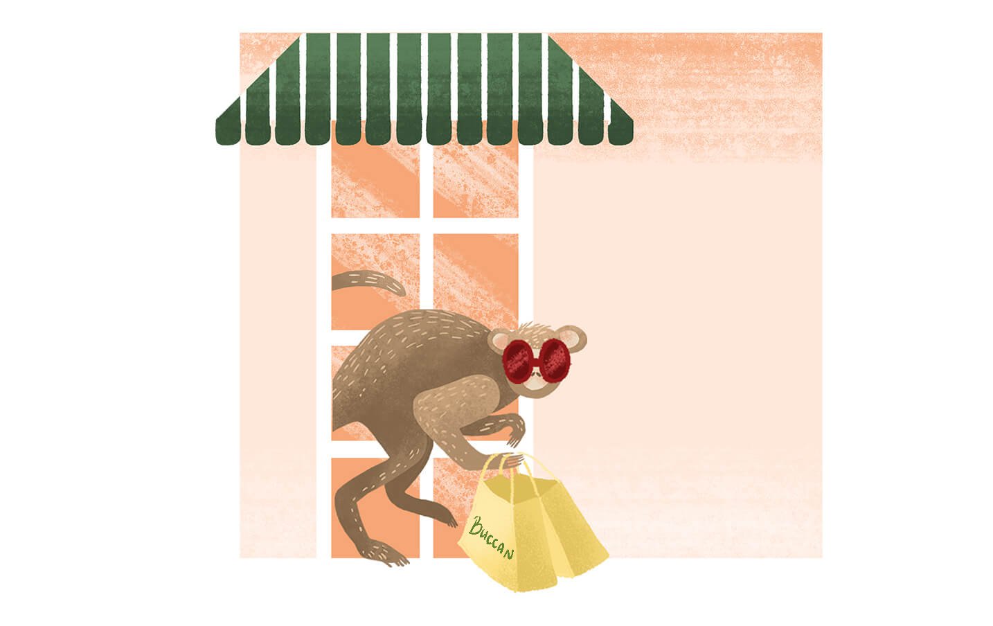 Illustration of a monkey jumping out of the window holding a bag of Buccan food from Palm Beach