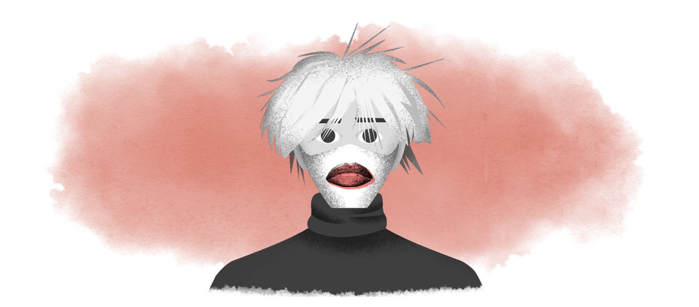 Illustration of Andy Warhol wearing a mask