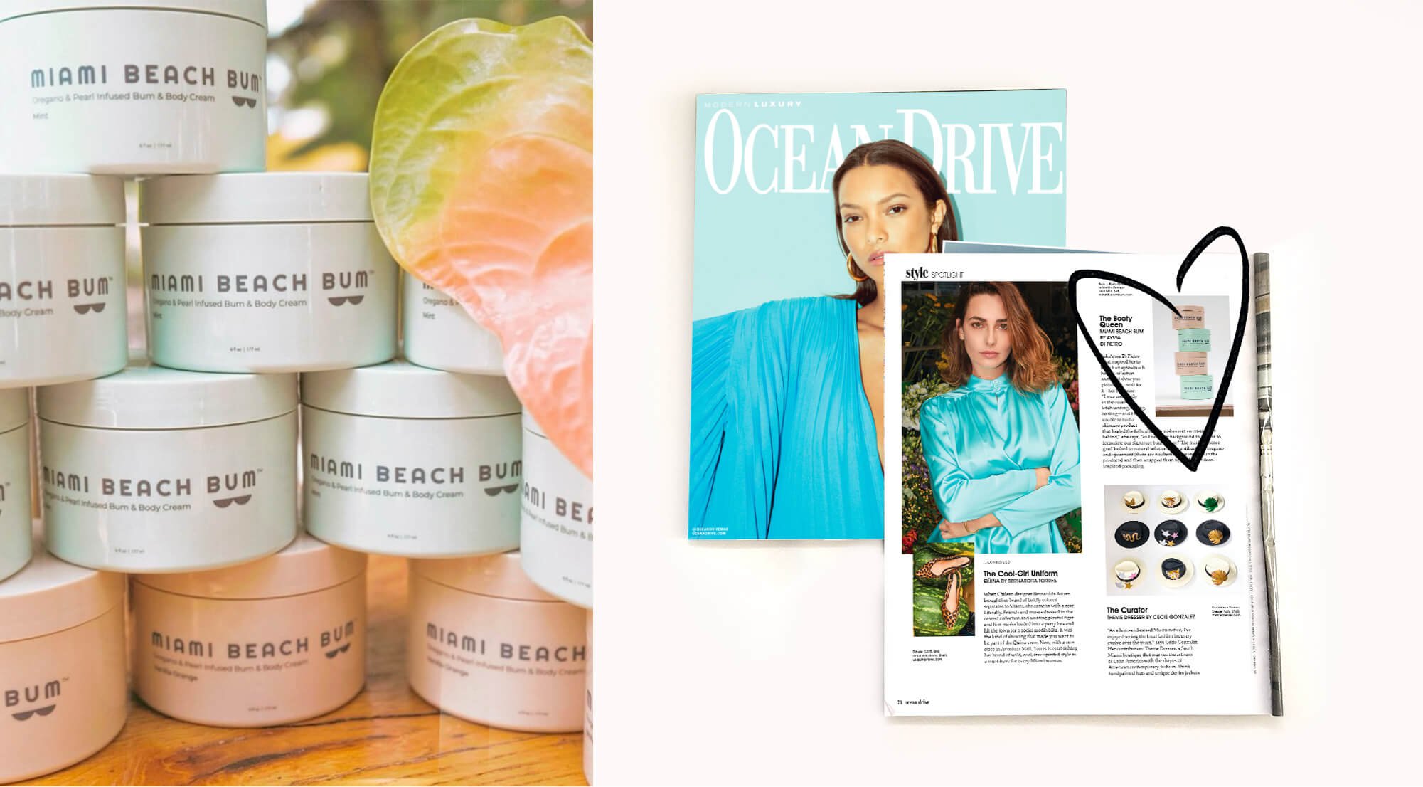 Jacober Creative Brand Identity for Miami beach Bum. Photo of packaging photography and a Press article in Ocean Drive.