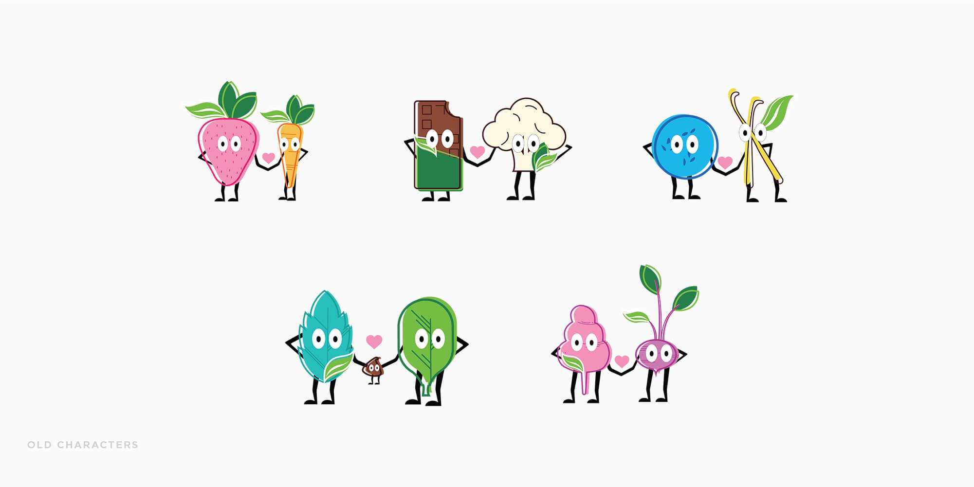 Jacober rebranding of Peekaboo Ice Cream. Photo of old line up of veggie characters illustration