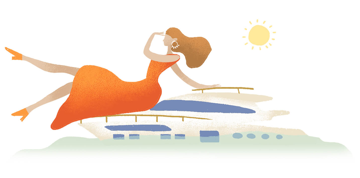 Illustration of a woman on top of a superyacht at the Palm beach marina