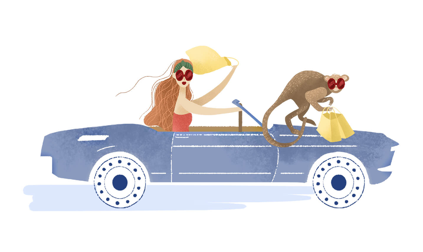 Illustration of a woman driving in a car on the way to Cafe Boulud
