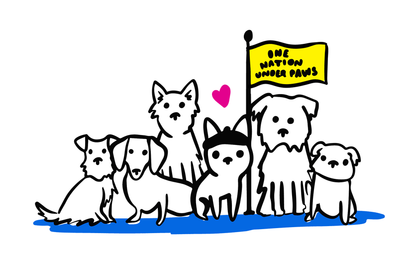 Illustration of a group of dogs with a sign that reads "One Nation Under Paws". A Paw's Nation designed by Jacober