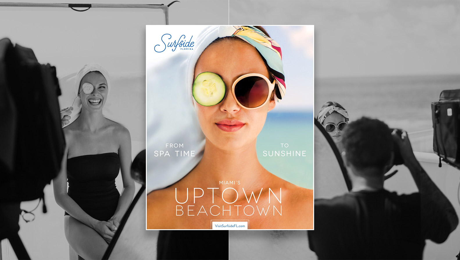 Jacober Creative Identity and Campaign for the Town of Surfside Florida - Photo of magazine ads for the Uptown Beachtown campaign. Woman is wearing sunglasses but on the left she's in a spa with a cucumber on her left eye, on the right, she's outside
