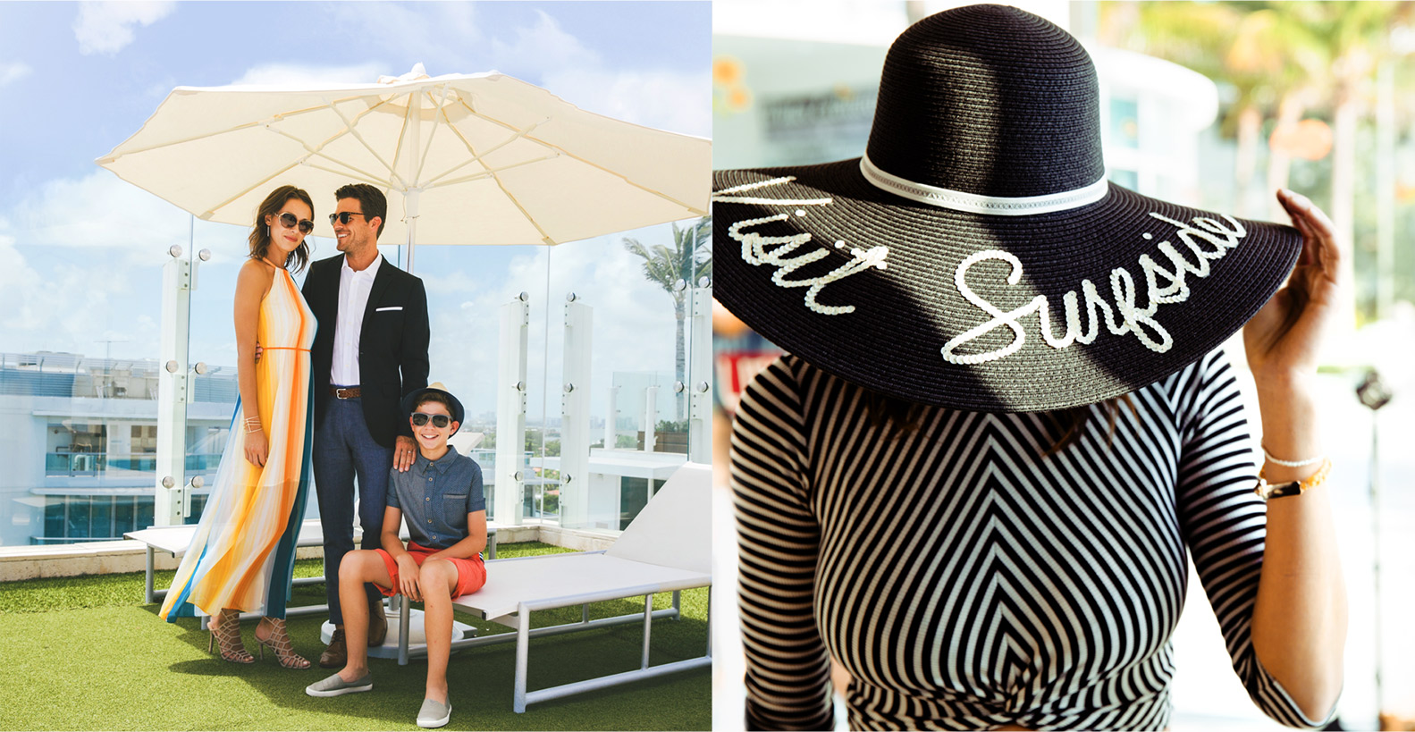 Jacober Creative Identity and Campaign for the Town of Surfside Florida - Photo Left: Family dressed up on a rooftop standing under an umbrella Photo Right: Woman wears a hat that reads "Visit Surfside" in cursive