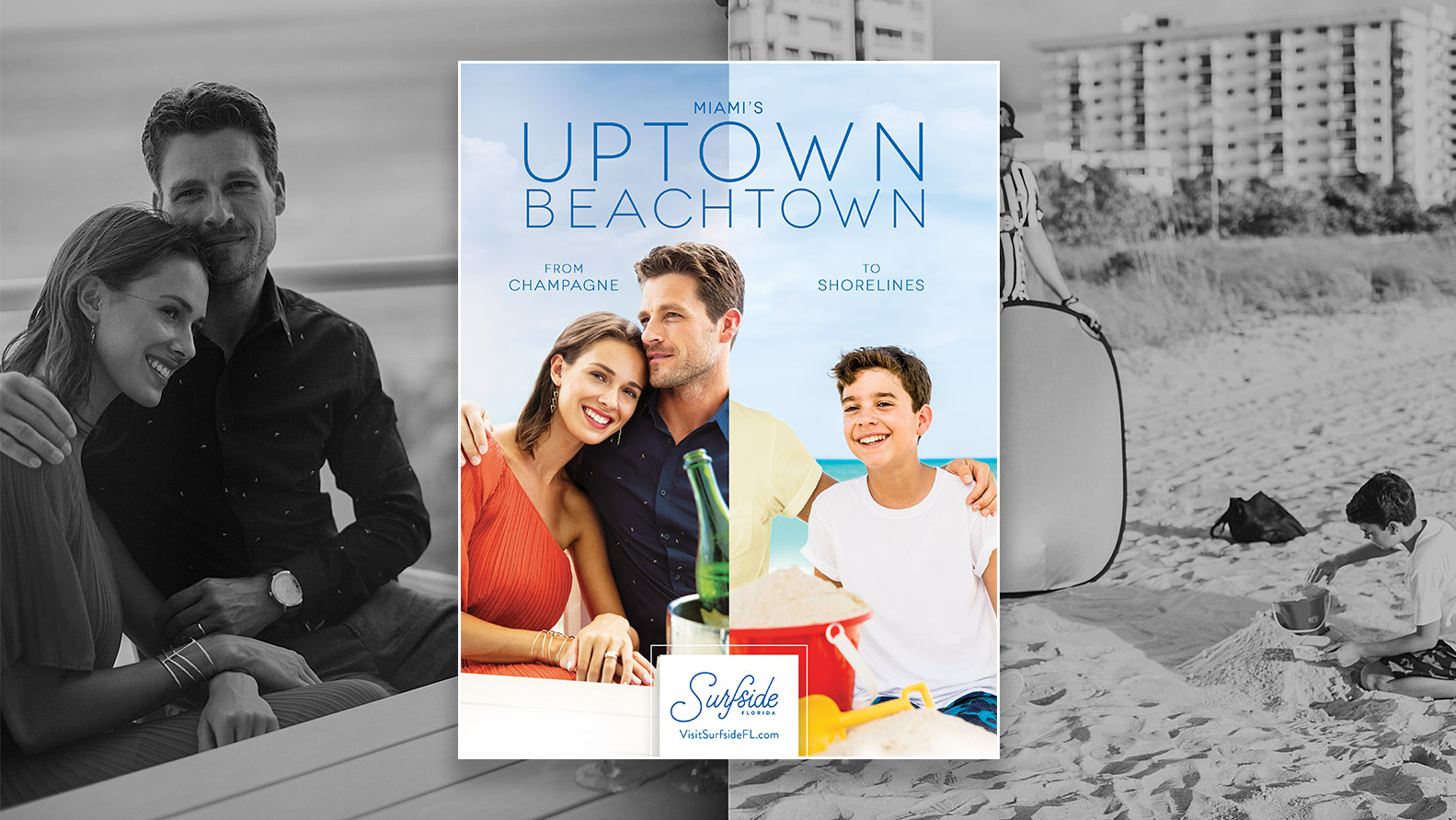 Jacober Creative Identity and Campaign for the Town of Surfside Florida - Photo of magazine ads for the Uptown Beachtown campaign. Man is embracing his family. To the left is enjoying champagne with Woman, child on the right is at the beach