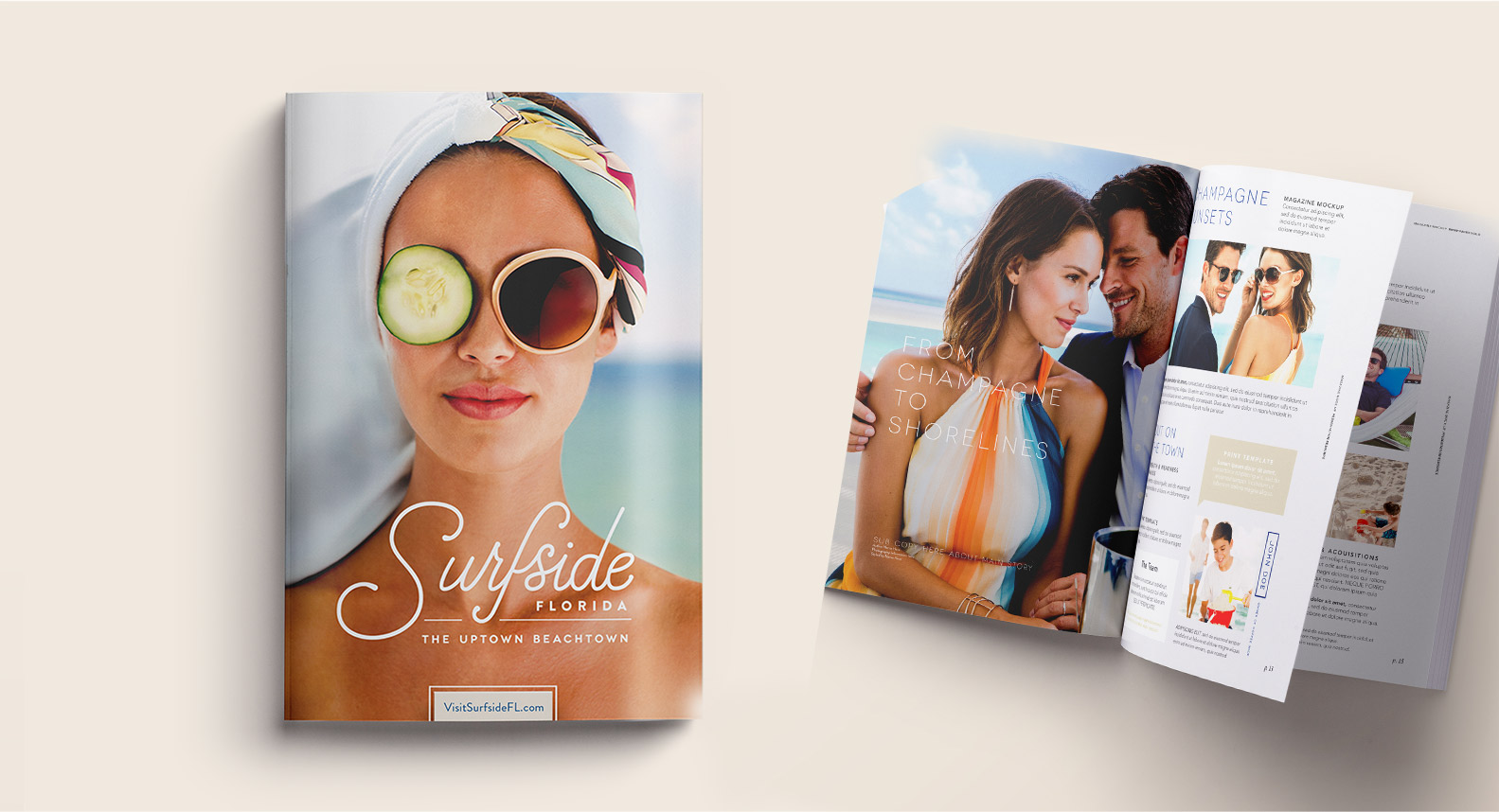 Jacober Creative Identity and Campaign for the Town of Surfside Florida - Photo of Visitor Guide cover and spread featuring a Surfside ad