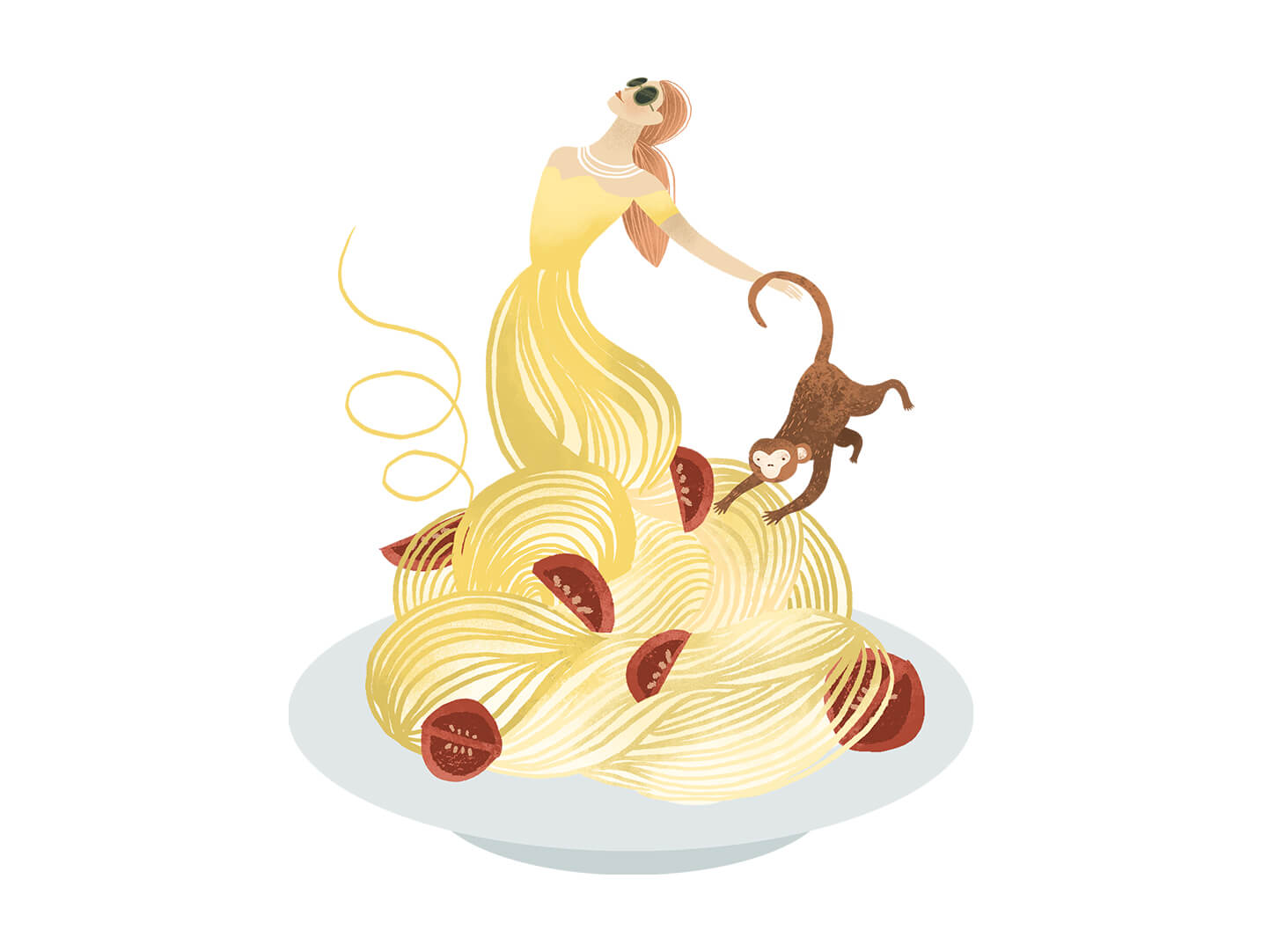 Illustration of a woman coming out of a plate of spaghetti. the spaghetti forms as her dress. featuring Renato's in palm Beach