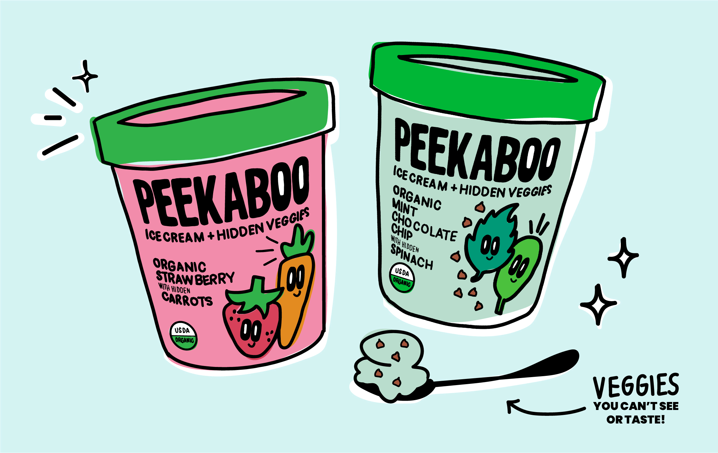 Illustration of Peekaboo Ice Cream Pints. Designed by Jacober Creative