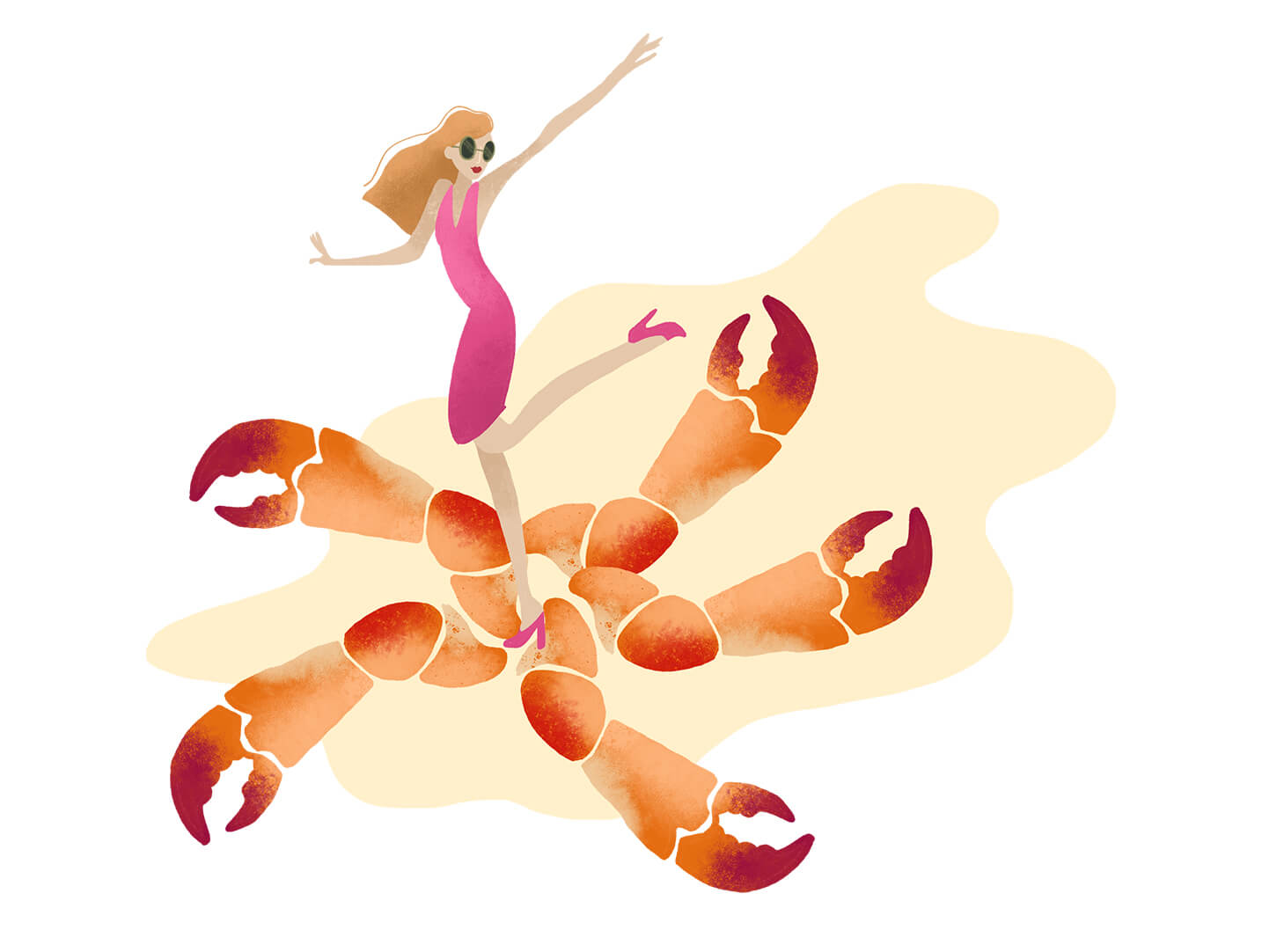 Illustration of a woman dancing on top of lobster claws. Featuring Palm Beach Grill in Palm Beach