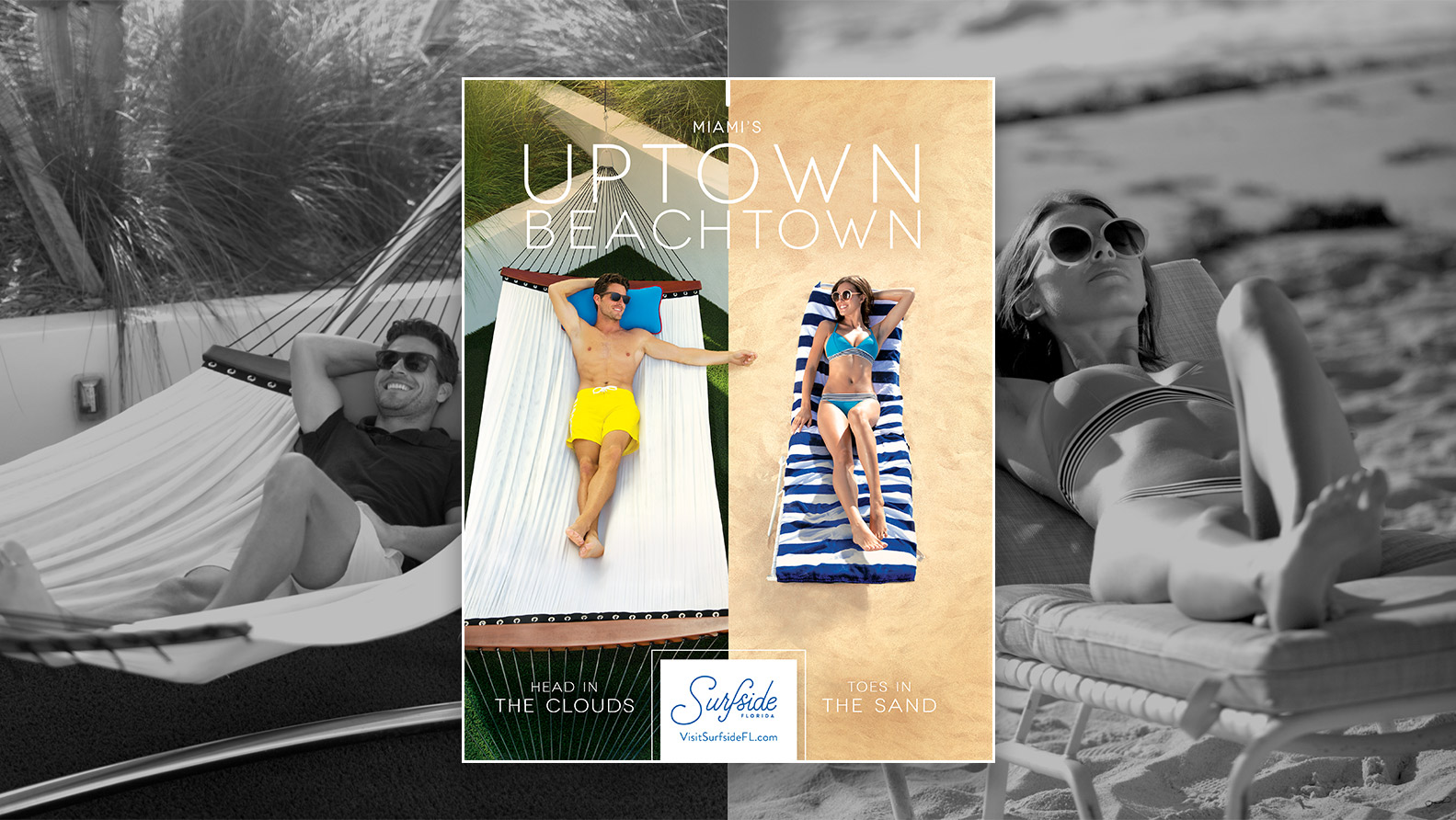Jacober Creative Identity and Campaign for the Town of Surfside Florida - Photo of "Uptown Beachtown" magazine ad. Man on the left is laying in a hammock, woman on the right is laying on a beach chair