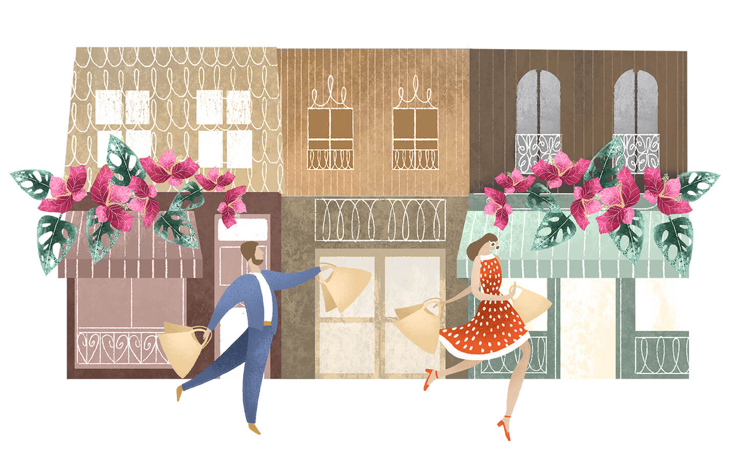 Illustration of a couple enjoying a shopping spree in Worth Avenue Palm Beach