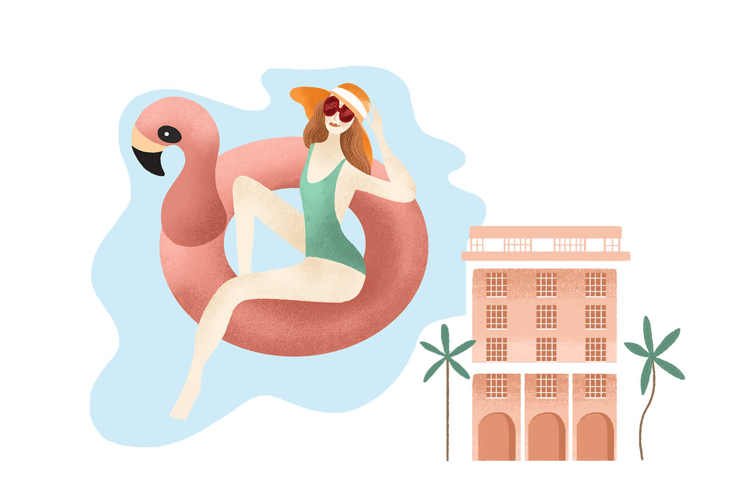 Illustration of a woman on a flamingo float at the Colony Hotel in Palm Beach