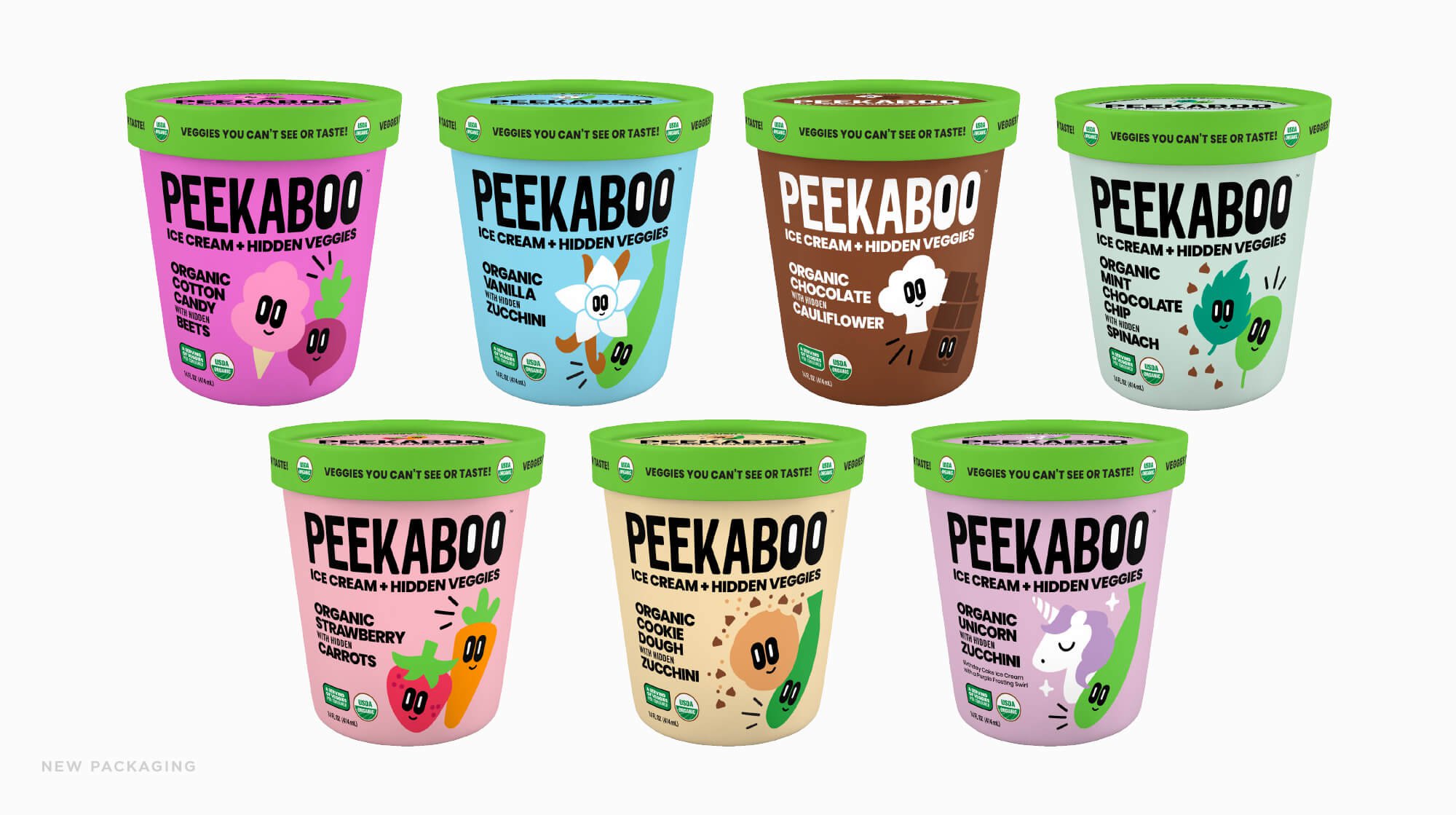 Jacober rebranding of Peekaboo Ice Cream. Photo of the line up of all packaging of ice cream pints.