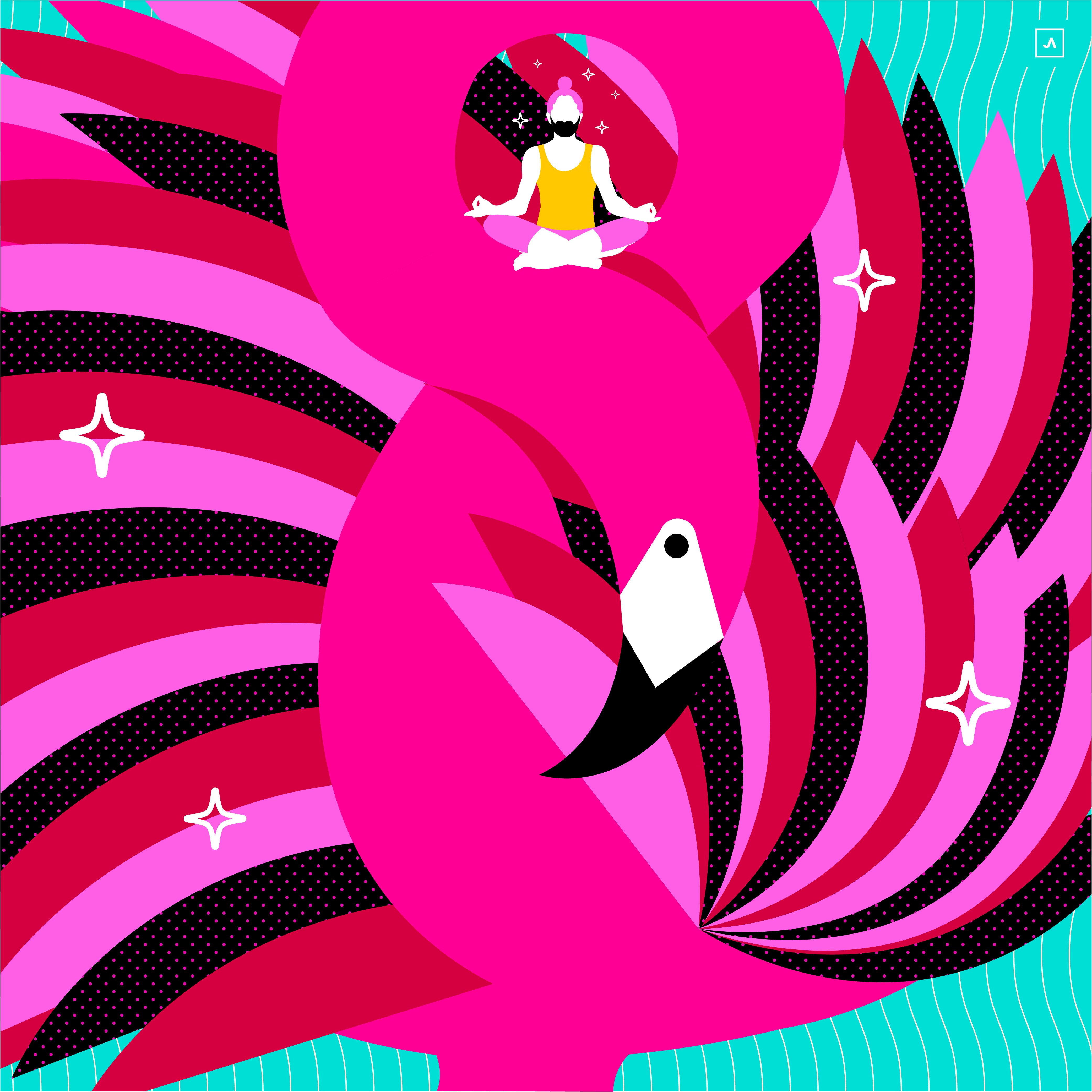 Jacober Creative Define your brand. Illustration of flamingo with Man on neck doing a lotus pose.