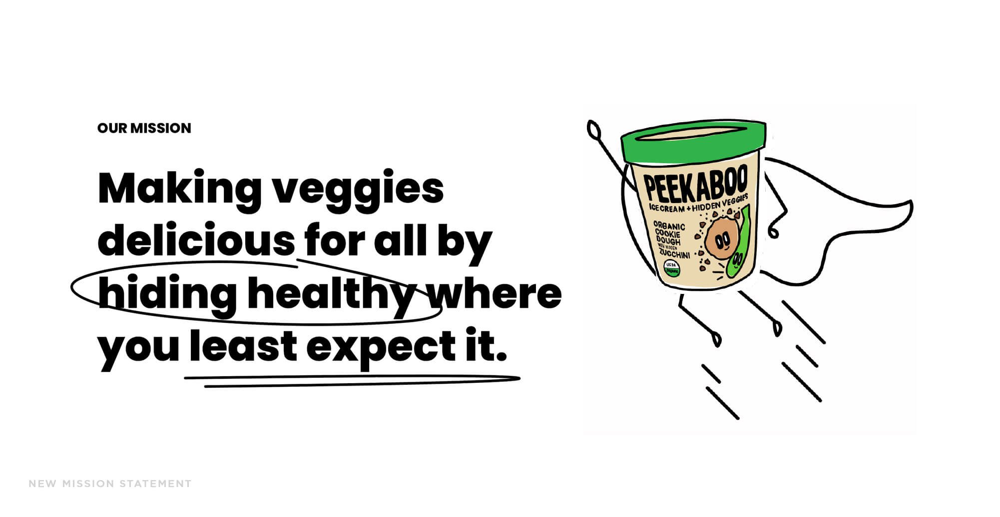 Jacober rebranding of Peekaboo Ice Cream. Photo of new mission statement: "Making veggies delicious for all by hiding healthy where you least expect it." and illustration of super hero pint