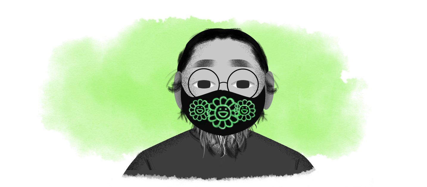 Illustration of Takashi Murakami wearing a mask