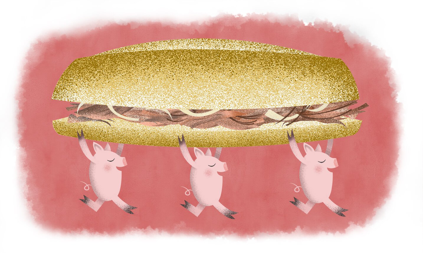 Three pigs carry a sandwich
