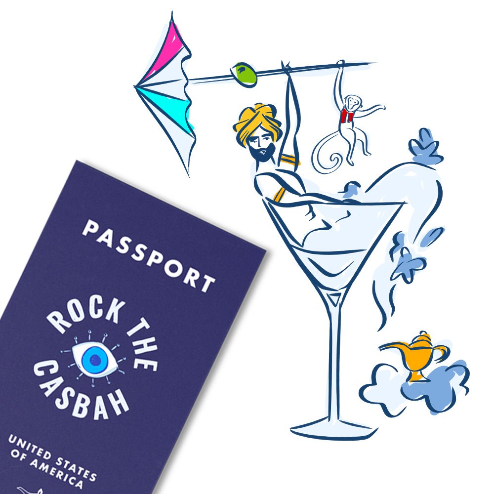 Marrakech illustration of passport and martini glass