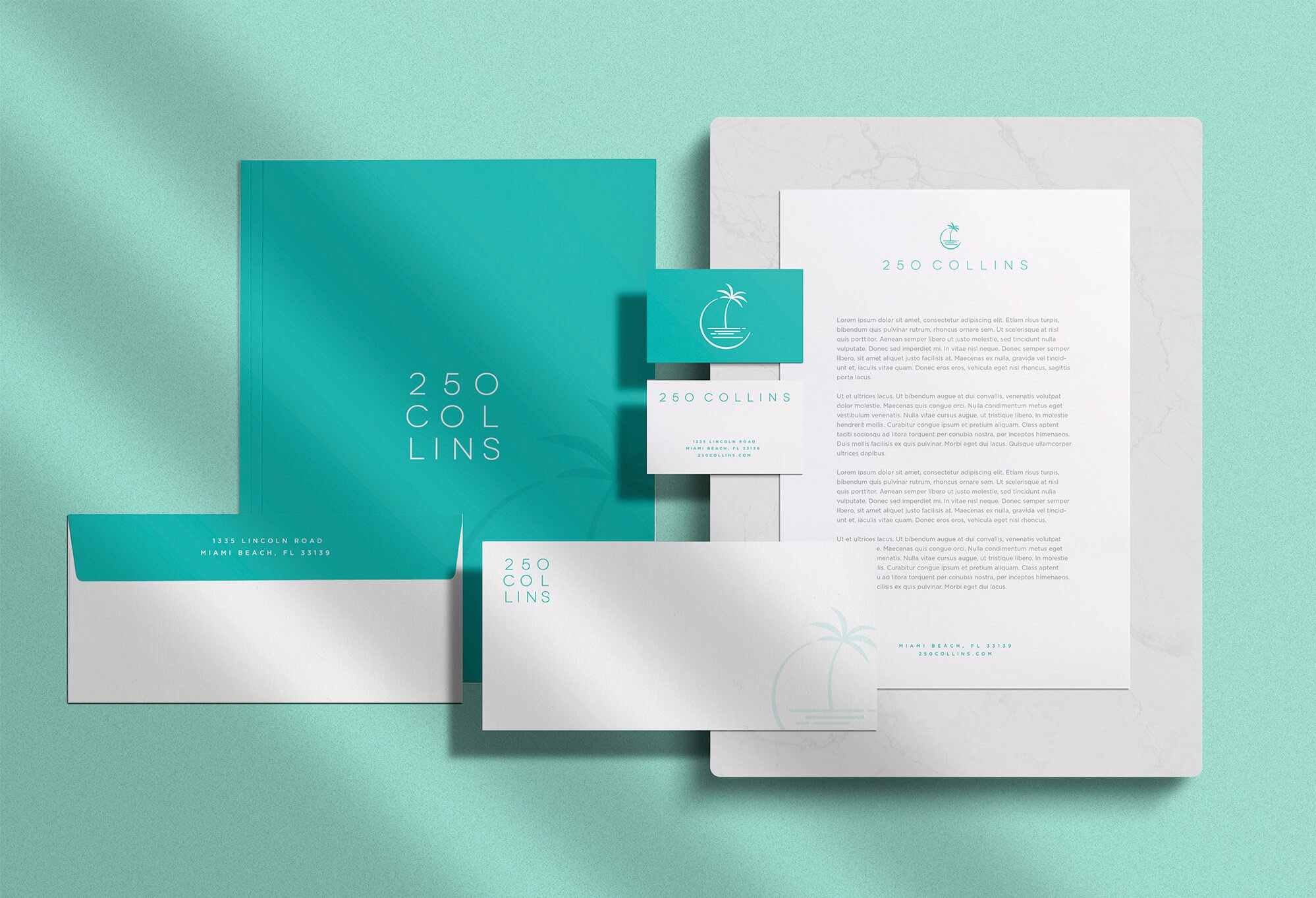 Jacober Creative Brand Identity for 250 Collins luxury apartments. Photo of stationery