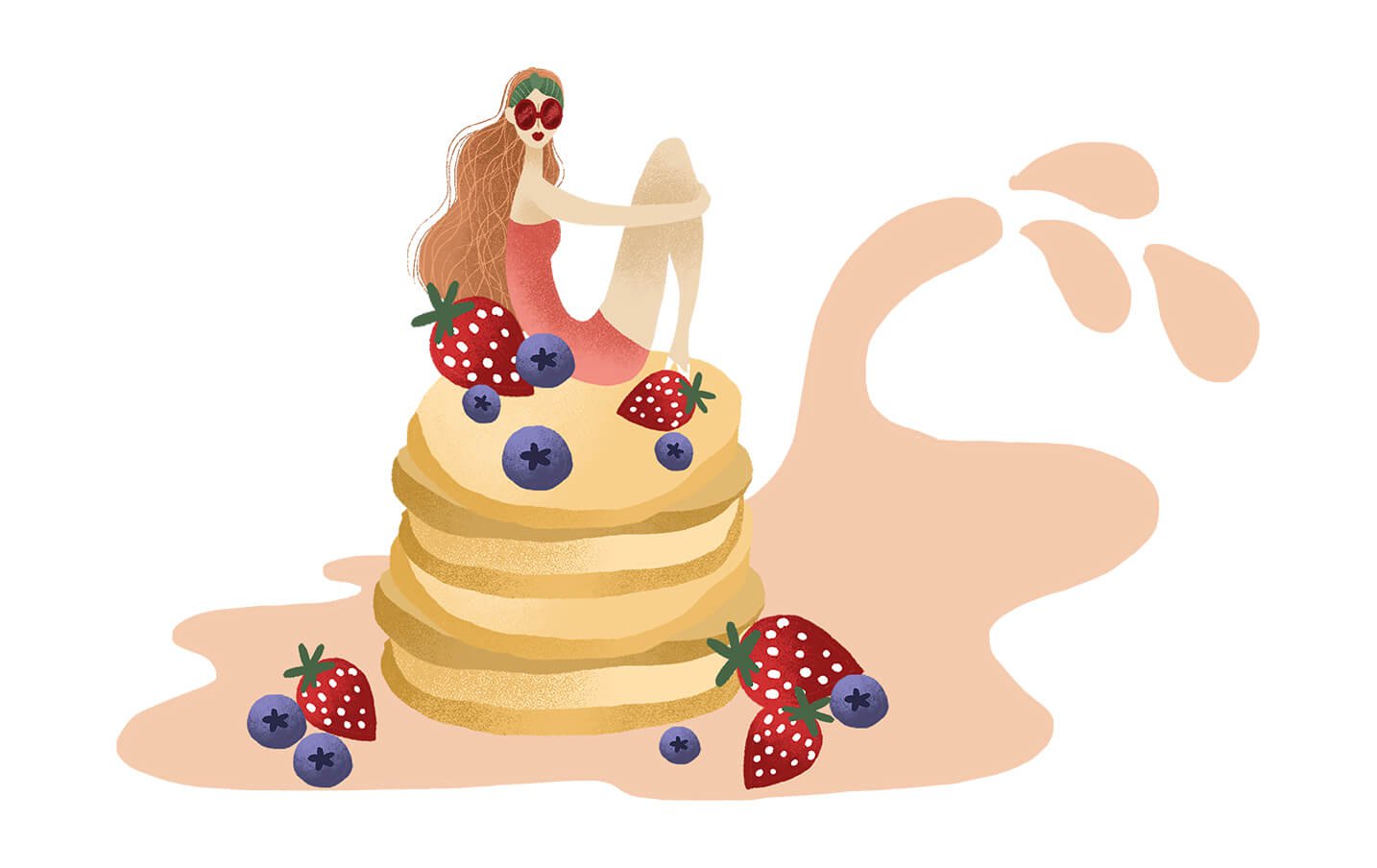 Illustration of a woman sitting on top of a stack of pancakes featuring Greens Pharmacy in palm Beach