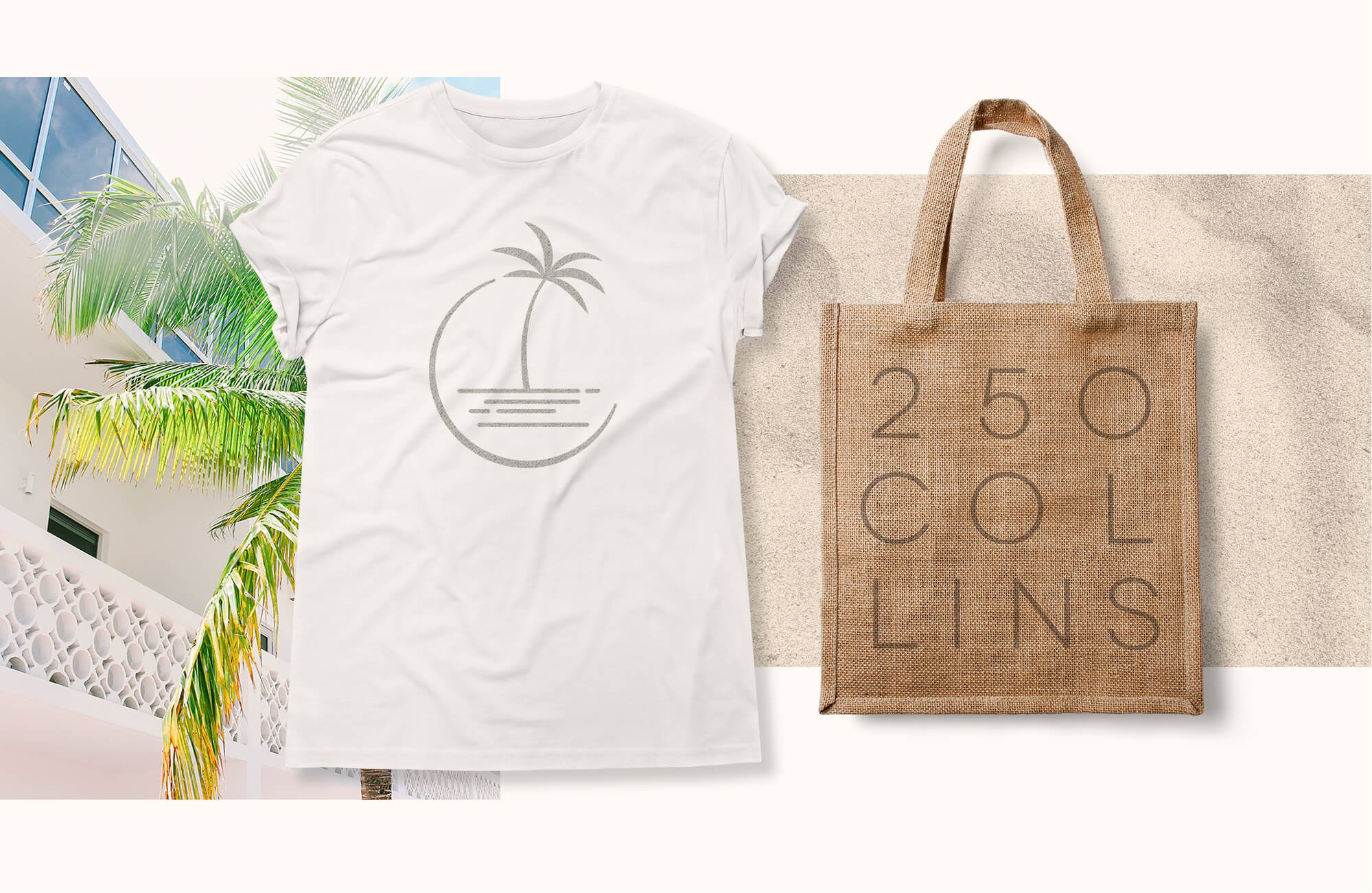 Jacober Creative Brand Identity for 250 Collins luxury apartments. Photo of apparel. Logo on a bag and tshirt.