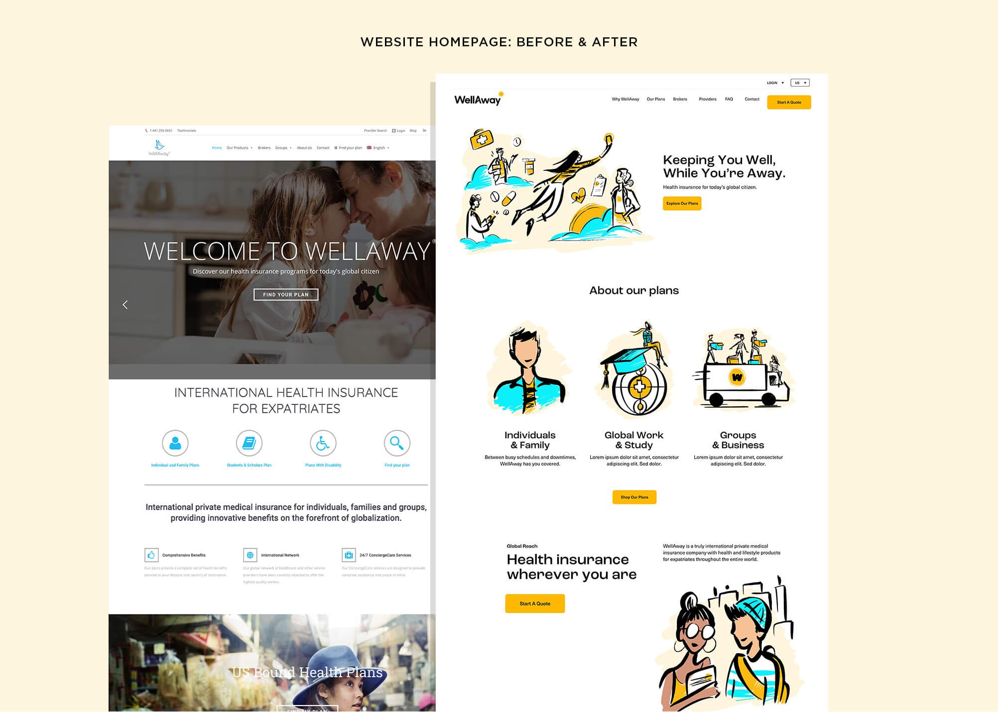 Jacober rebranding of WellAway Global Health Insurance, Image before and after of Wellaway website