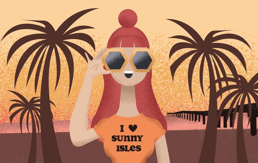 Illustration of a girl wearing a "I love Sunny Isles" Tshirt