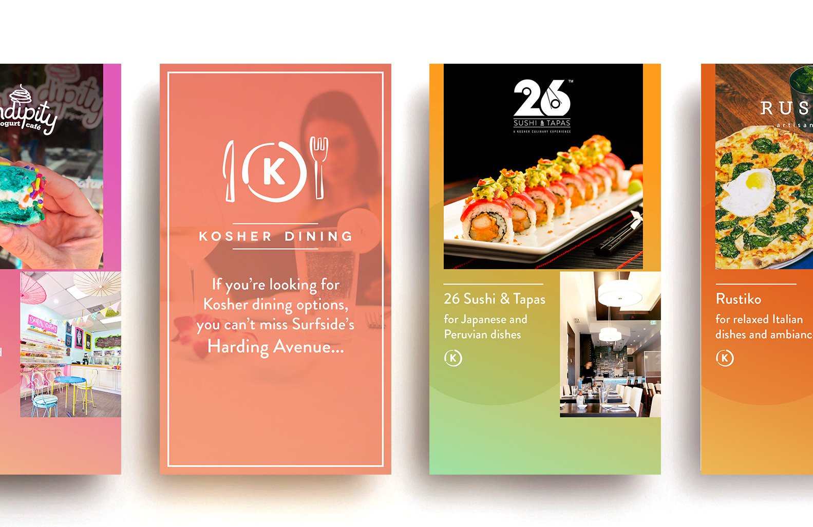 Jacober Creative Identity and Campaign for the Town of Surfside Florida - Photo of social media stories featuring local kosher restaurants